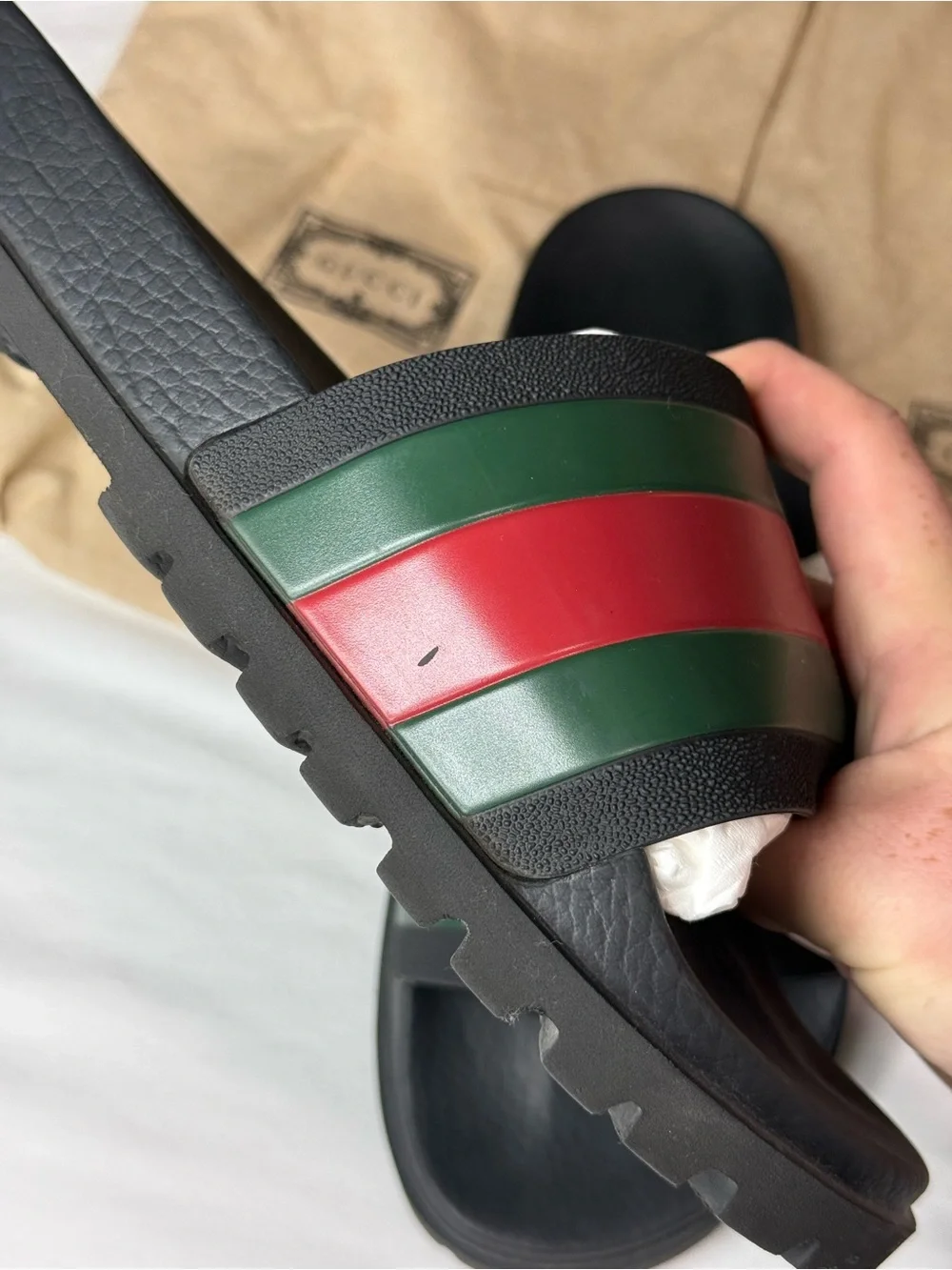 Gucci Black Slides with Green & Red Web Stripes